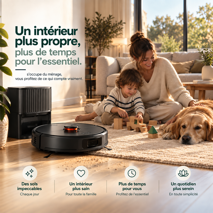 Illustration d'ambiance : robot aspirateur laveur Nettra NR10 dans un salon (illustration non contractuelle)