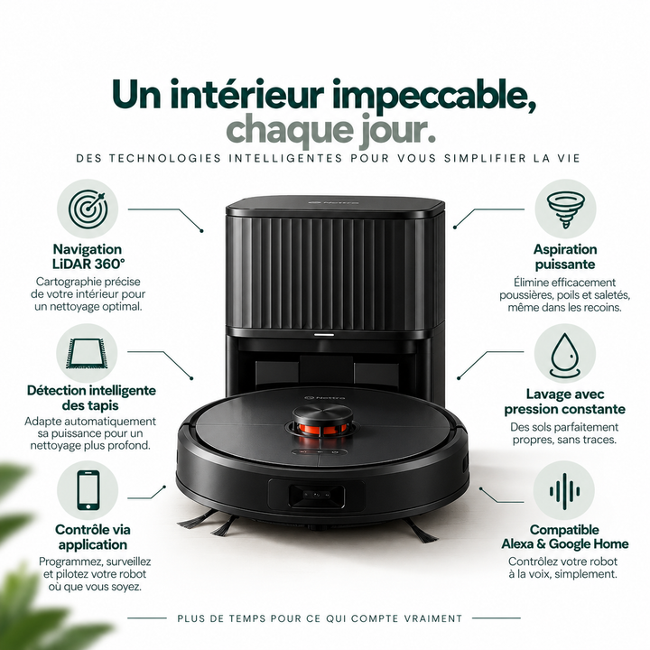 Fonctionnalités du robot aspirateur laveur Nettra NR10 : navigation LiDAR 360°, aspiration 5 000 Pa, lavage