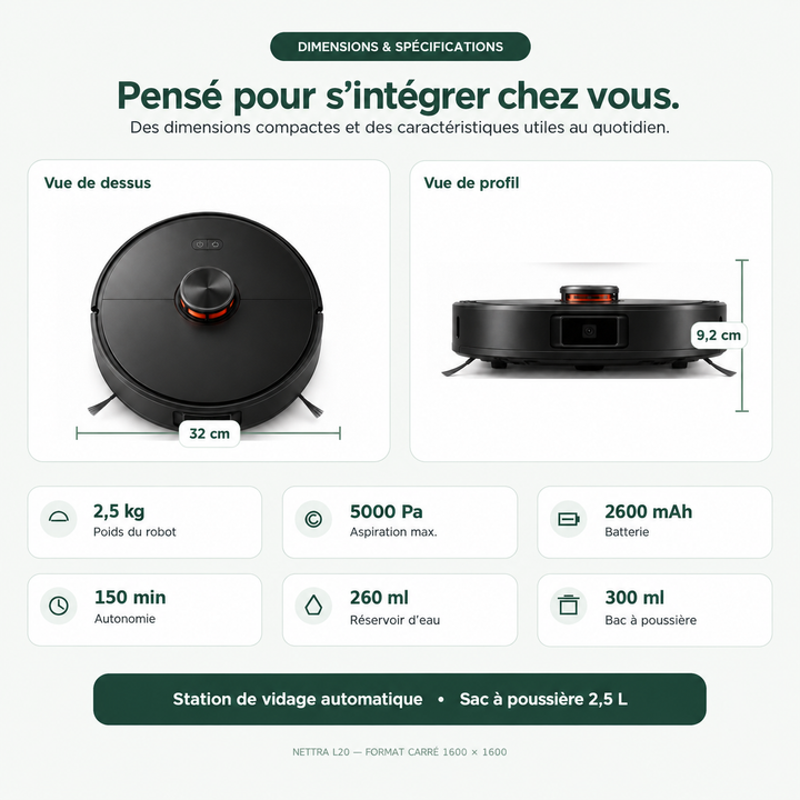 Dimensions et caractéristiques du robot aspirateur laveur Nettra NR10