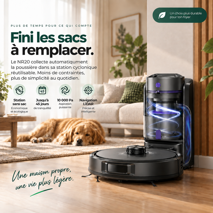 Station cyclonique sans sac du robot aspirateur laveur Nettra NR20 : plus de sacs à remplacer