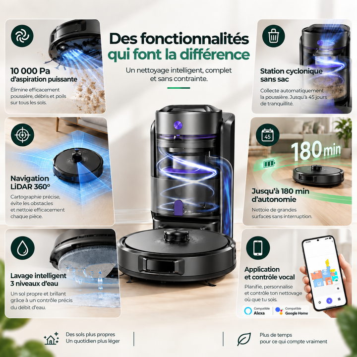 Fonctionnalités du robot aspirateur laveur Nettra NR20 : 10 000 Pa, navigation LiDAR 360°, 180 min d'autonomie