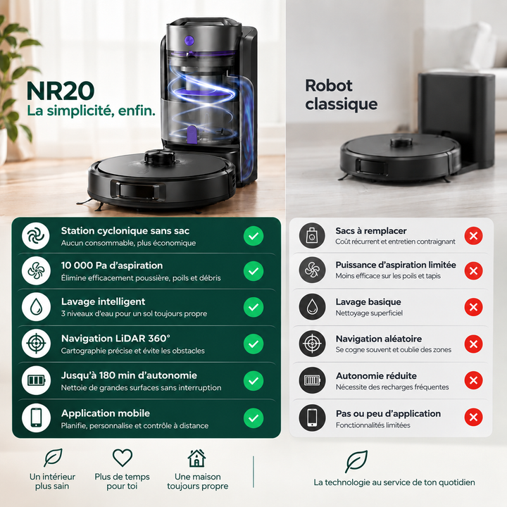 Comparatif : robot aspirateur laveur Nettra NR20 face à un robot classique