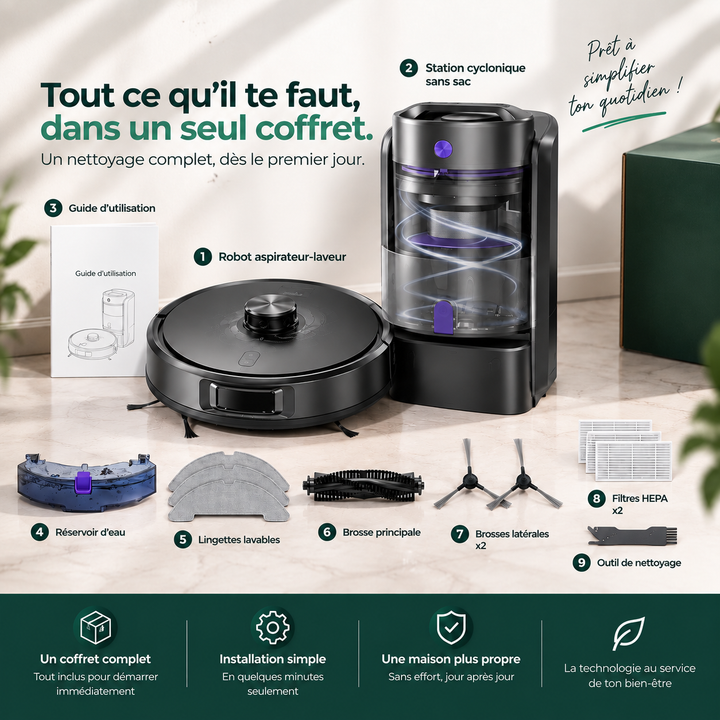 Contenu du coffret du robot aspirateur laveur Nettra NR20