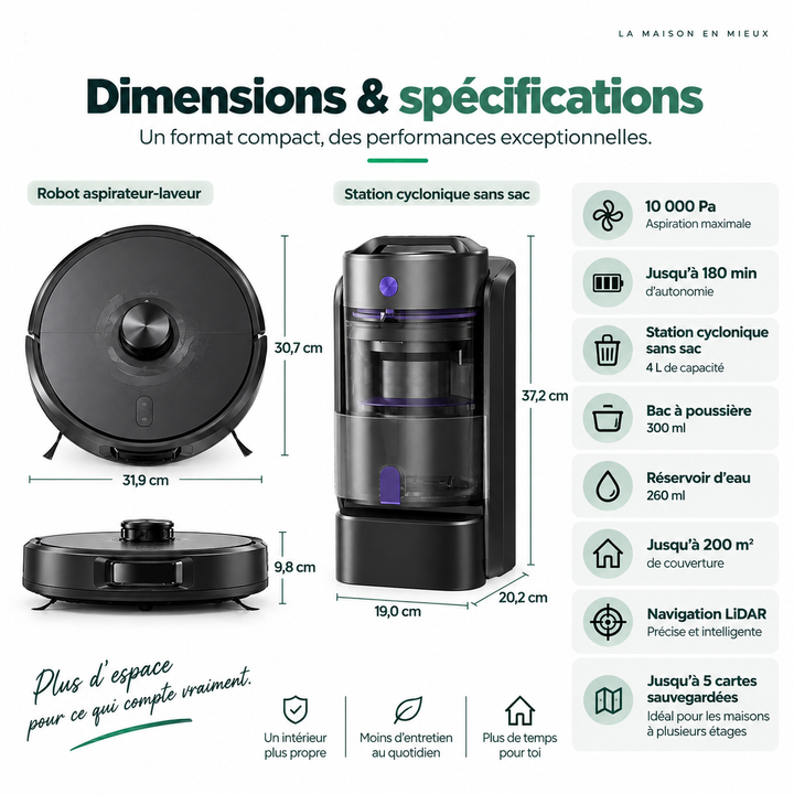 Dimensions et spécifications du robot aspirateur laveur Nettra NR20