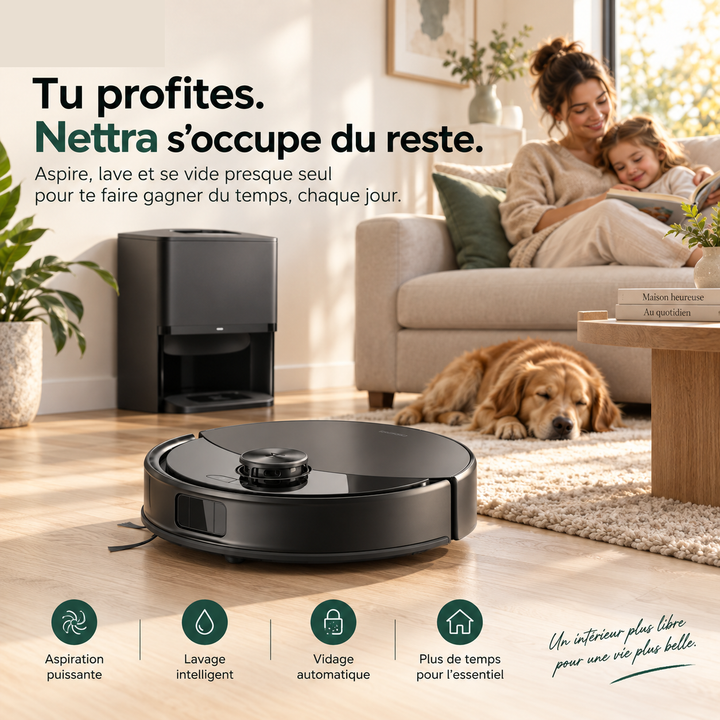 Illustration d'ambiance : robot aspirateur laveur Nettra NR30 dans un salon (illustration non contractuelle)