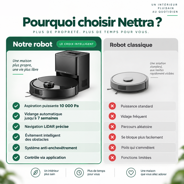 Comparatif : robot aspirateur laveur Nettra NR30 face à un robot classique