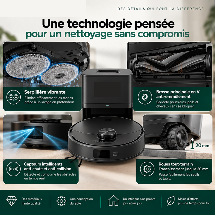 Détails technologiques du robot aspirateur laveur Nettra NR30 : serpillière vibrante, brosse en V, capteurs