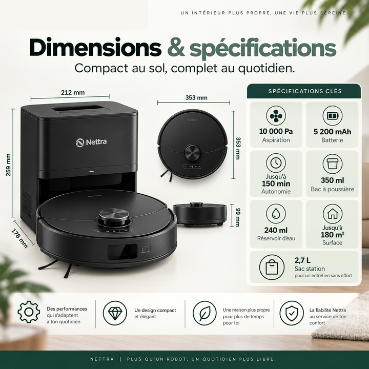 Dimensions et spécifications du robot aspirateur laveur Nettra NR30