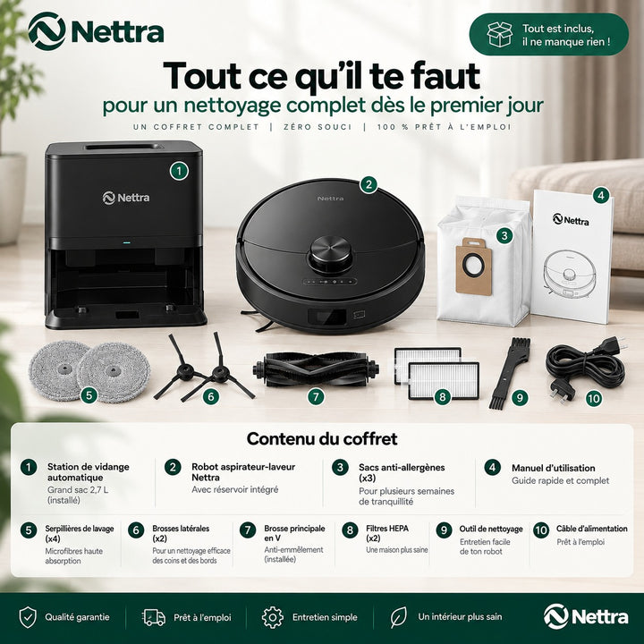 Contenu de la boîte du robot aspirateur laveur Nettra NR30