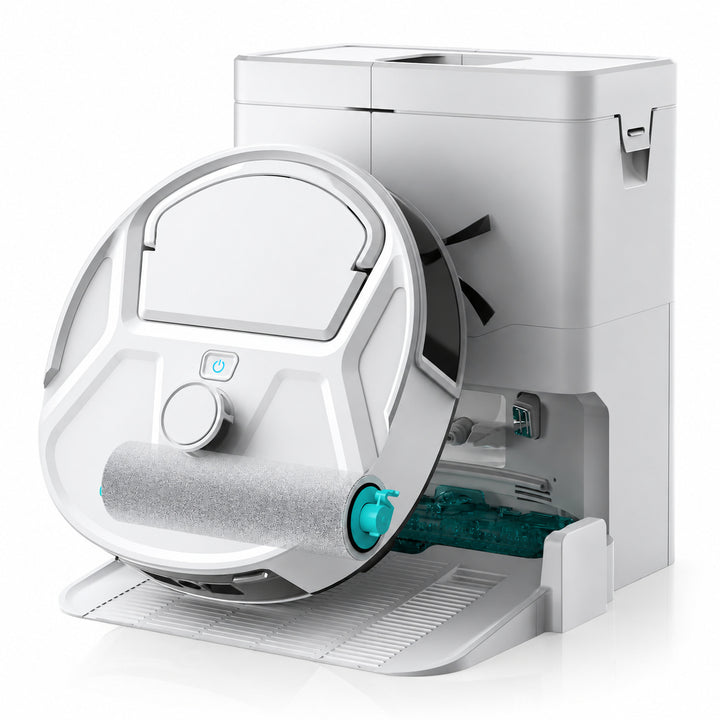 Robot aspirateur laveur Nettra NR40 blanc avec sa station