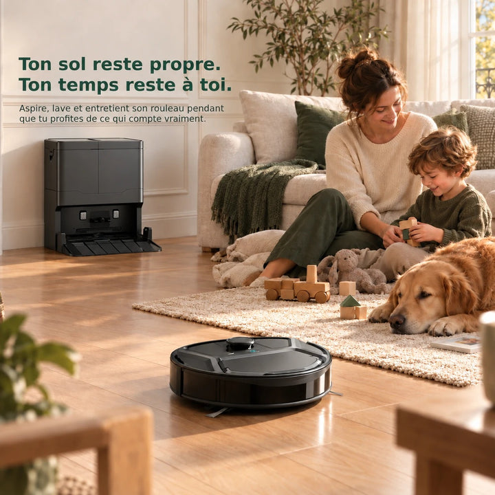 Illustration d'ambiance : robot aspirateur laveur Nettra NR40 dans un salon (illustration non contractuelle)