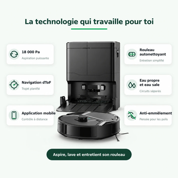 Fonctionnalités du robot aspirateur laveur Nettra NR40 : 18 000 Pa, navigation dToF, rouleau autonettoyant