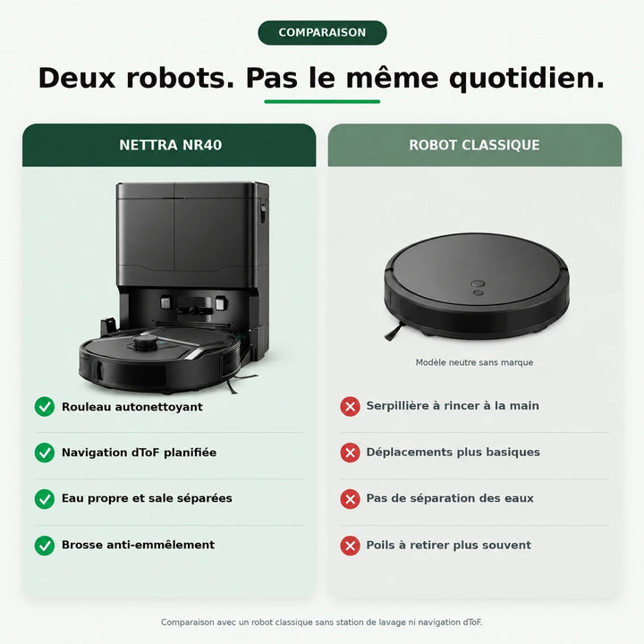 Comparatif : robot aspirateur laveur Nettra NR40 face à un robot classique