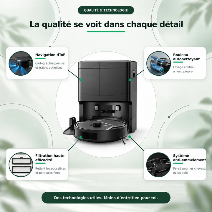 Détails technologiques du robot aspirateur laveur Nettra NR40 : navigation dToF, rouleau autonettoyant, filtration, anti-emmêlement