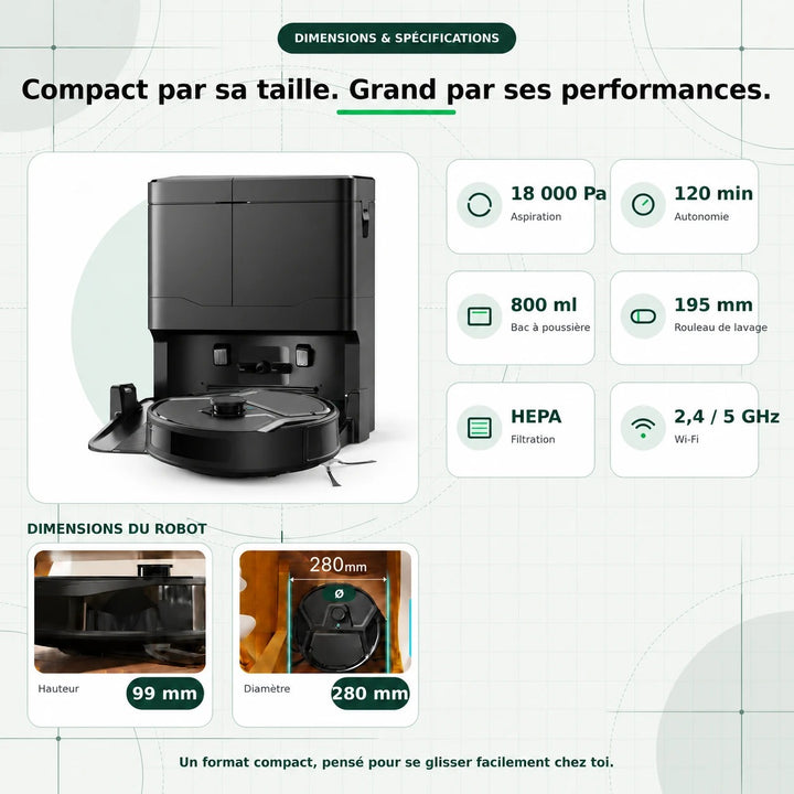 Dimensions et caractéristiques du robot aspirateur laveur Nettra NR40