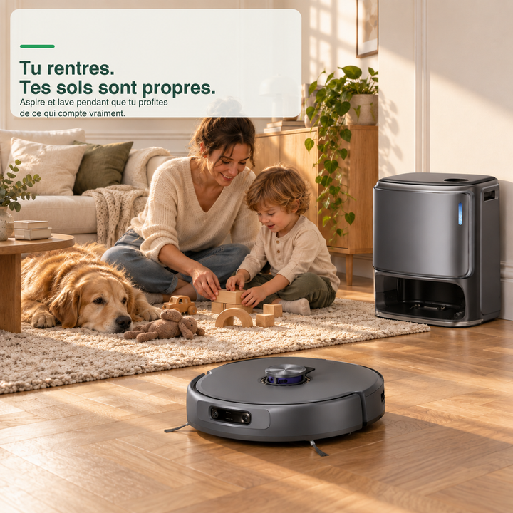 Illustration d'ambiance : robot aspirateur laveur Nettra NR50 dans un salon (illustration non contractuelle)