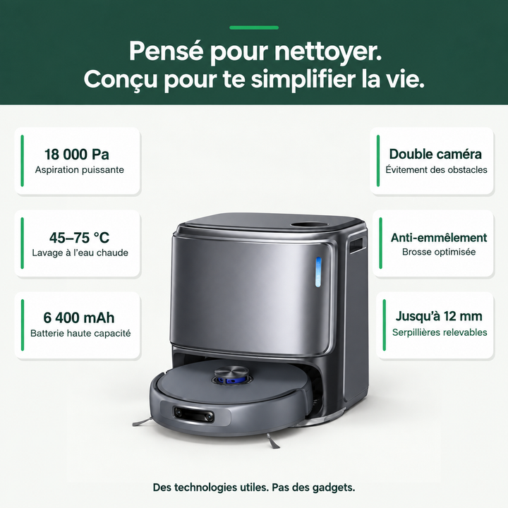Fonctionnalités du robot aspirateur laveur Nettra NR50 : 18 000 Pa, lavage à l'eau chaude 45 à 75 °C, double caméra
