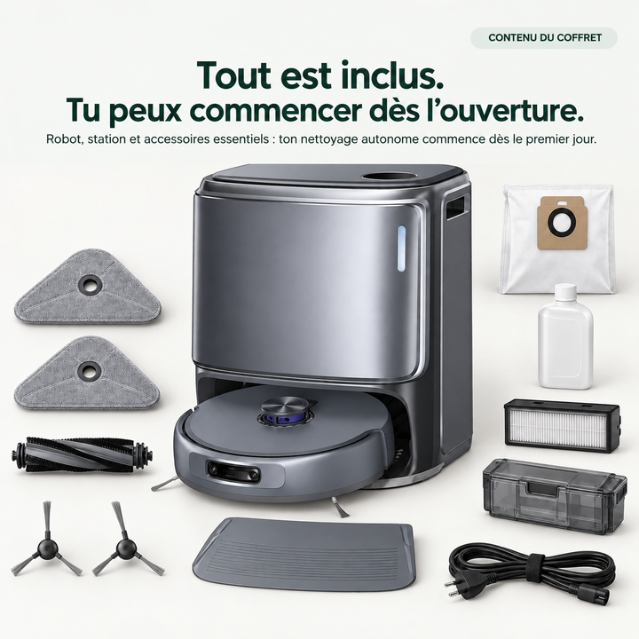 Contenu de la boîte du robot aspirateur laveur Nettra NR50