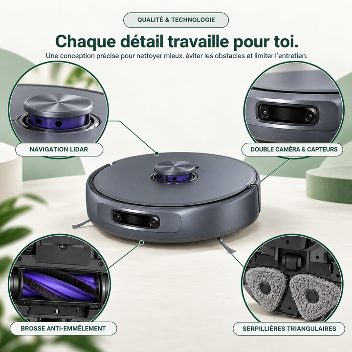 Détails technologiques du robot aspirateur laveur Nettra NR50 : LiDAR, double caméra, serpillières triangulaires
