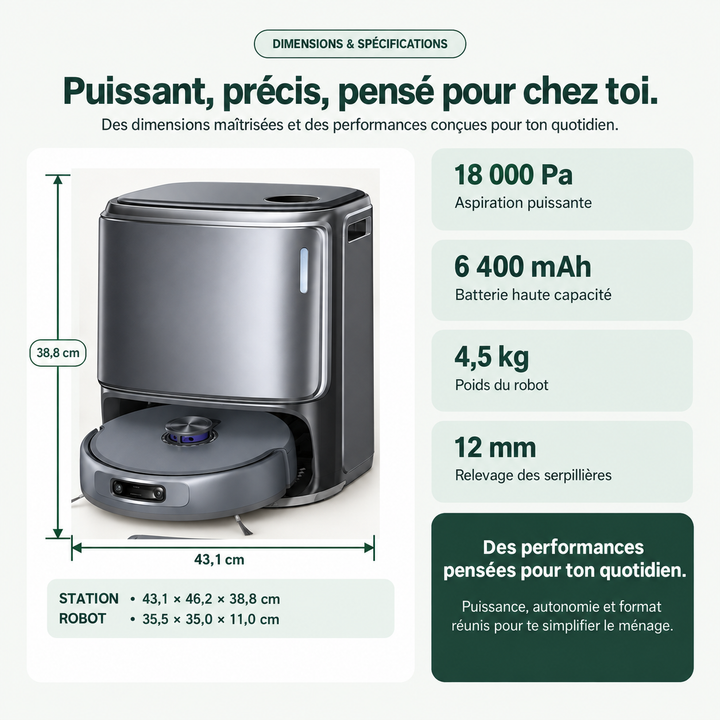Dimensions et caractéristiques du robot aspirateur laveur Nettra NR50