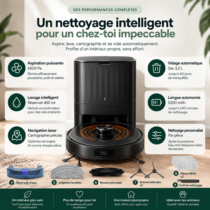 Fonctionnalités du robot aspirateur laveur Nettra R30 : aspiration 6 500 Pa, navigation laser, vidage automatique