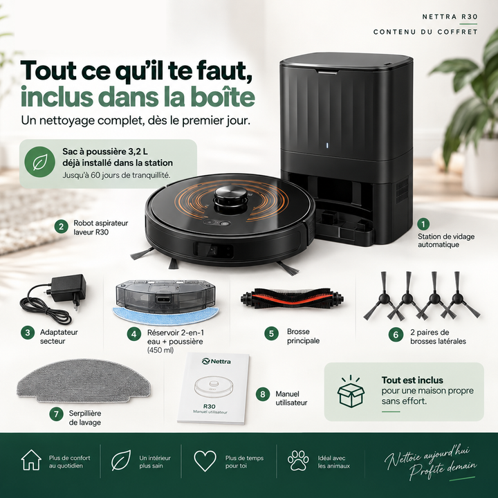 Contenu de la boîte du robot aspirateur laveur Nettra R30