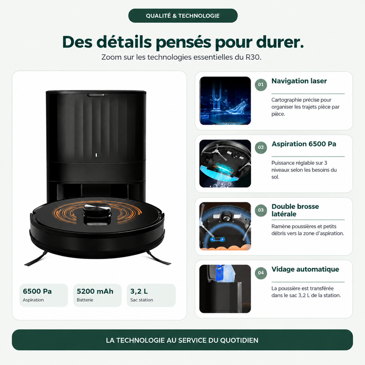 Détails technologiques du robot aspirateur laveur Nettra R30 : navigation laser, double brosse latérale