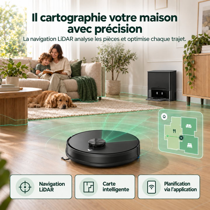 Navigation LiDAR et cartographie du logement par le robot aspirateur laveur Nettra S3