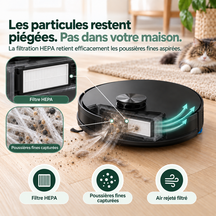 Filtre HEPA du robot aspirateur laveur Nettra S3, qui retient les poussières fines