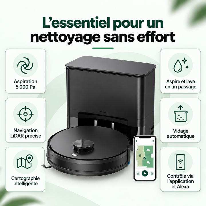 Fonctionnalités du robot aspirateur laveur Nettra S3 : aspiration 5 000 Pa, lavage et vidage automatique
