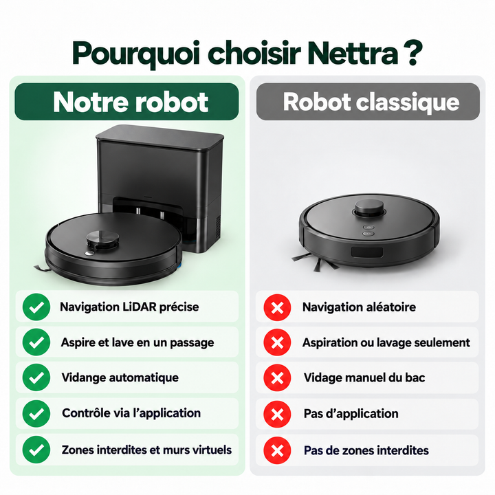 Comparatif : robot aspirateur laveur Nettra S3 face à un robot classique