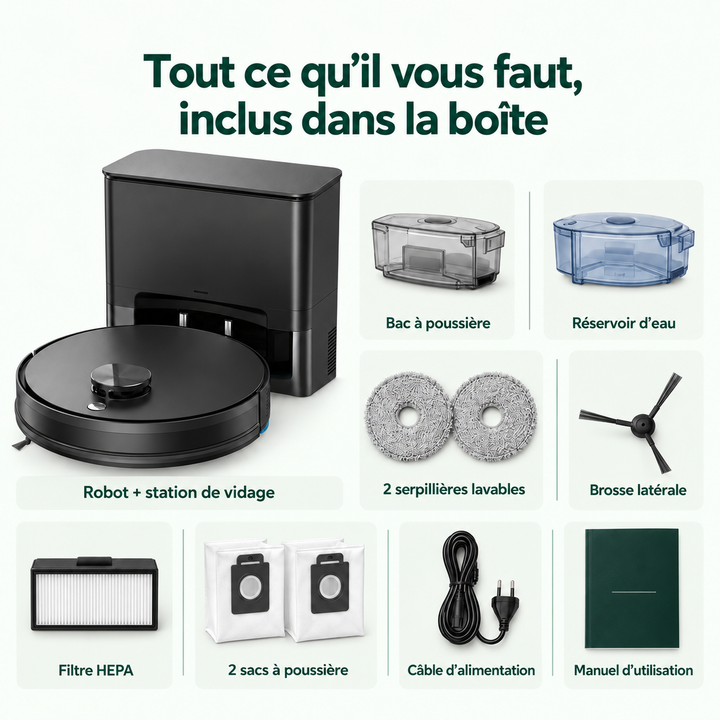 Contenu de la boîte du robot aspirateur laveur Nettra S3