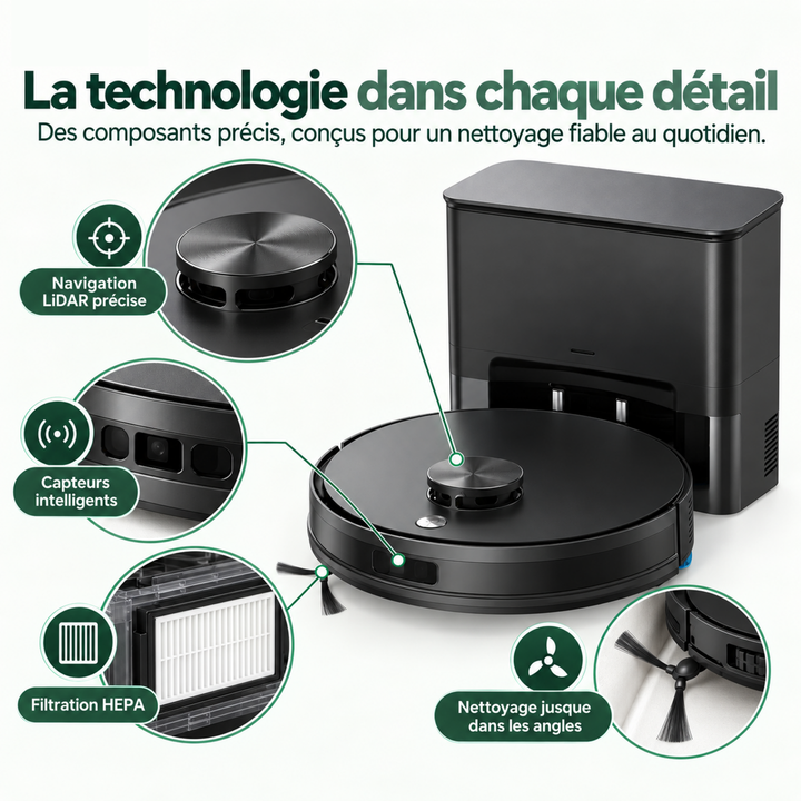 Détails technologiques du robot aspirateur laveur Nettra S3 : LiDAR, capteurs et filtration HEPA