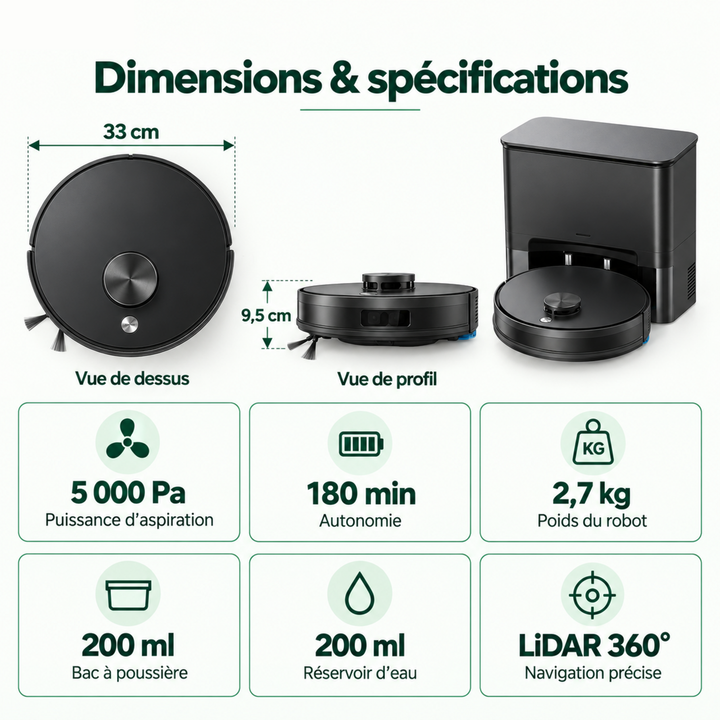Dimensions et spécifications du robot aspirateur laveur Nettra S3