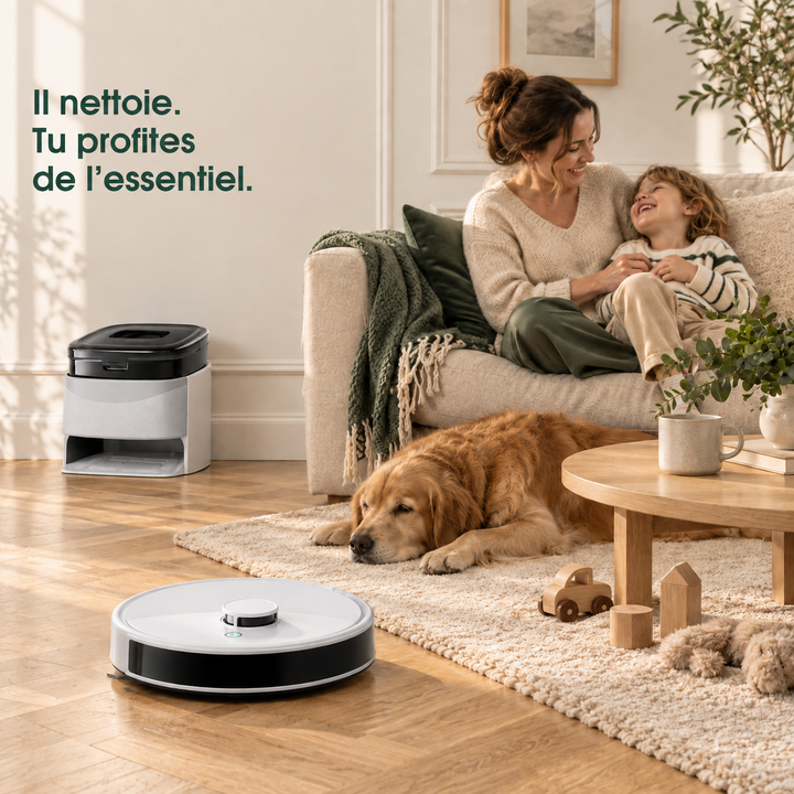 Illustration d'ambiance : robot aspirateur laveur Nettra S5 dans un salon (illustration non contractuelle)