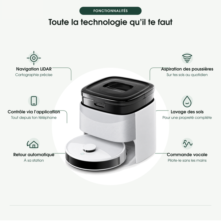 Fonctionnalités du robot aspirateur laveur Nettra S5 : navigation LiDAR, aspiration, lavage et commande vocale