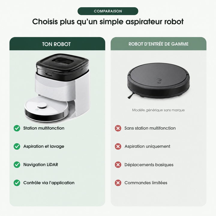 Comparatif : robot aspirateur laveur Nettra S5 face à un robot d'entrée de gamme