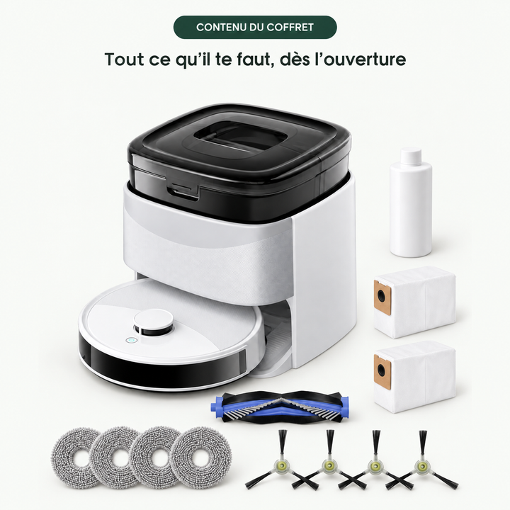 Contenu du coffret du robot aspirateur laveur Nettra S5