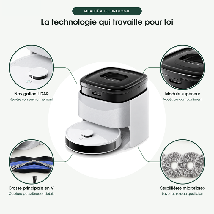 Détails technologiques du robot aspirateur laveur Nettra S5 : LiDAR, brosse principale en V, serpillières microfibres