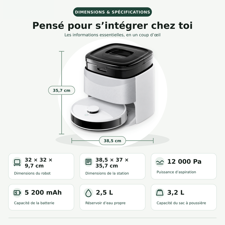 Dimensions et caractéristiques du robot aspirateur laveur Nettra S5